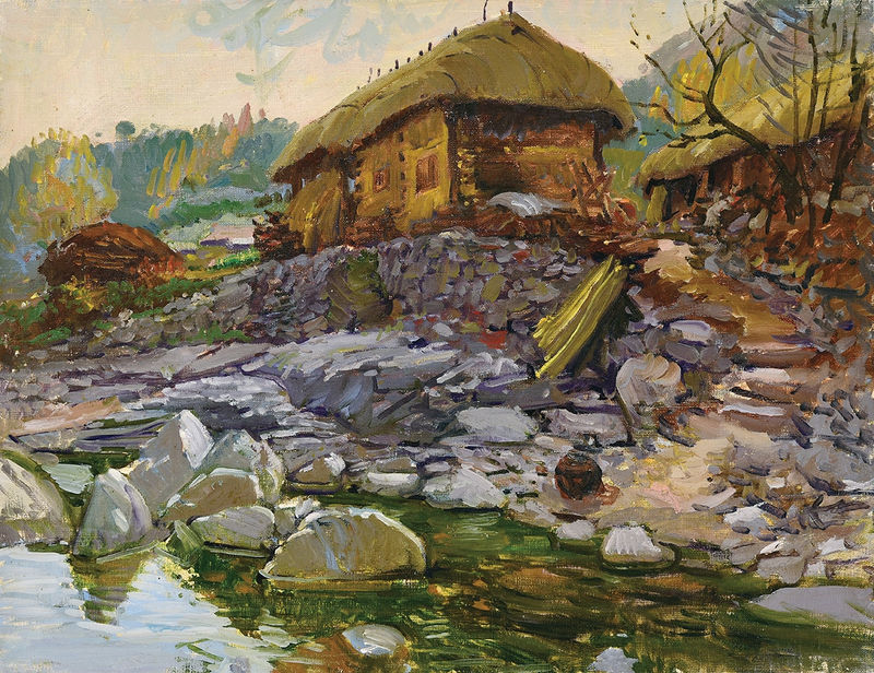 김호걸 KIM, Ho Geol, 초가집이 보이는 풍경 Landscape with a thatched cottage, 1979