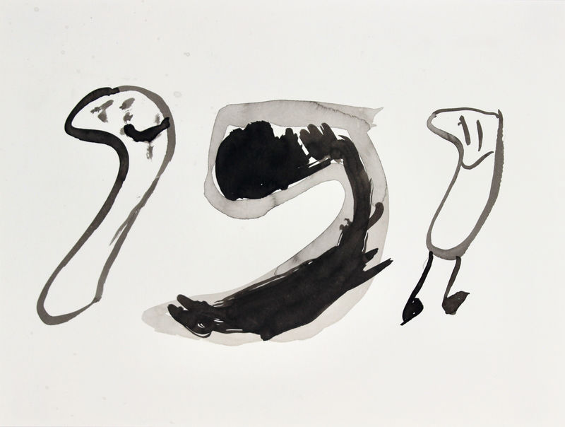 Three curvilinear shapes in black ink on white paper. The shapes on the left and right have faces, the one in the middle is filled in and curved like a comma.