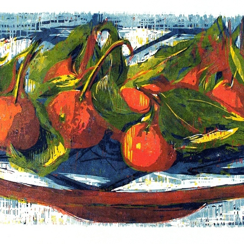 Clementines, hand printed woodcut