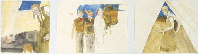 Kai Althoff Girl in front of tent, two boys and man, girl in tent in front of dead boy, 1997 Water color and pencil on paper 11 3/4 x 15 1/2 inches