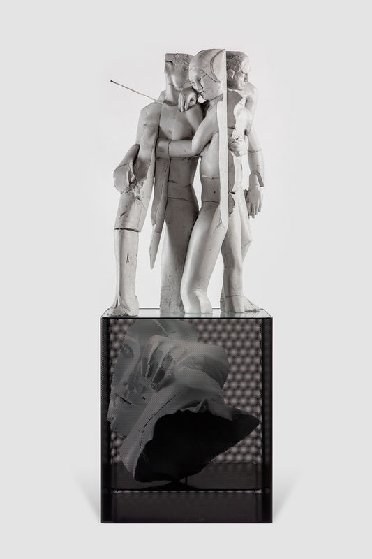 Matthew Monahan Bad Actors, 2018 Resin coated polyurethane foam, paint, silk screened paper, glass, powder coated aluminum and stainless steel 84 x 31 x 31 inches (213.36 x 78.74 x 78.74 cm)