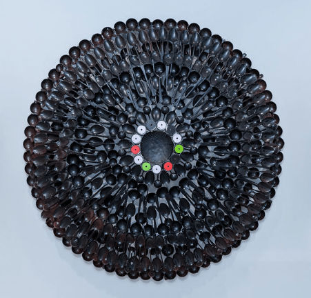 Olu Amoda Alajesheku, 2020 Welded Repurposed Aluminum Spoons and Wood 168 x 168 cm