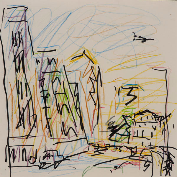 Frank Auerbach Study for Mornington Crescent, Summer Morning II, 2004 black ink, coloured crayon and pencil on paper 21 x 21 cm