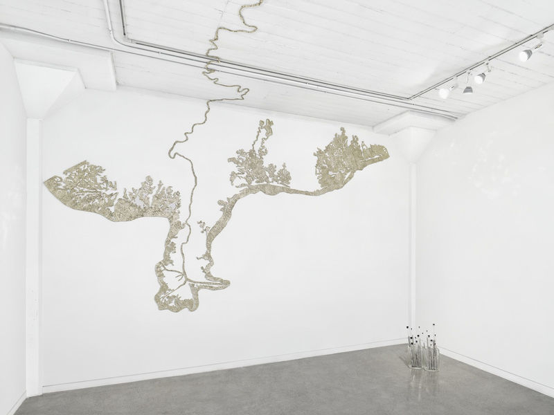 Jen Bervin River, 2006-2018 Silver foil-stamped cloth sequins, metallic thread, silver mulberry paper, mull, Tyvek. 230 curvilinear feet; 100 x 20 feet when installed.