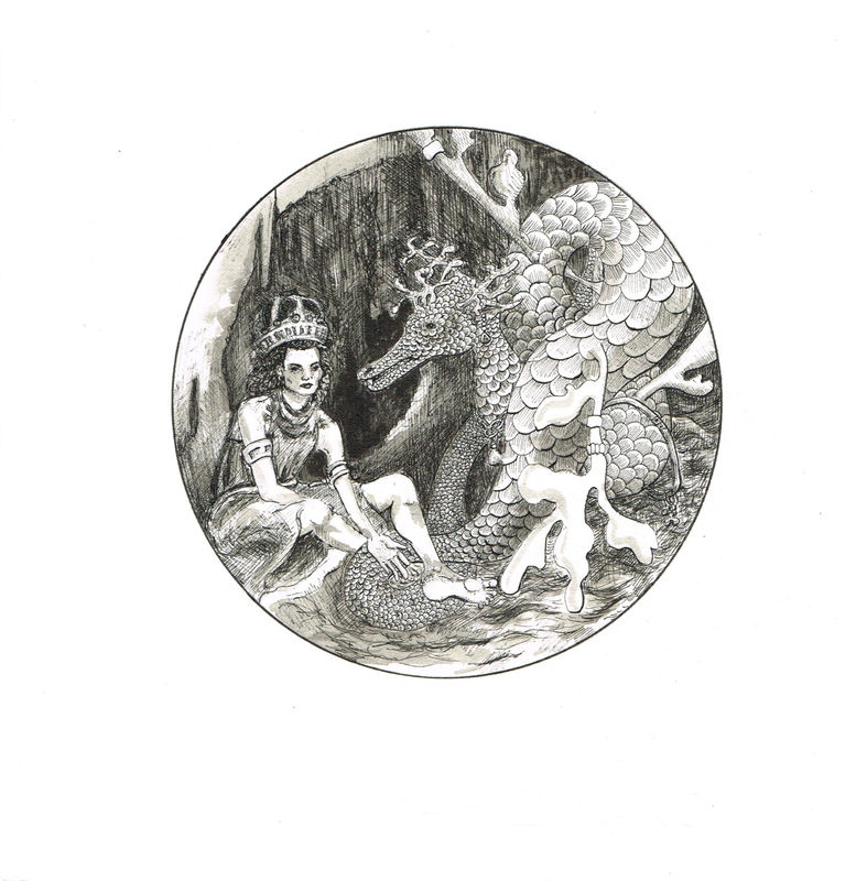 Andromeda and Dragon in a Cave, 2023 Pen, ink & wash 25x26cm 38x38x3cm (frame size)