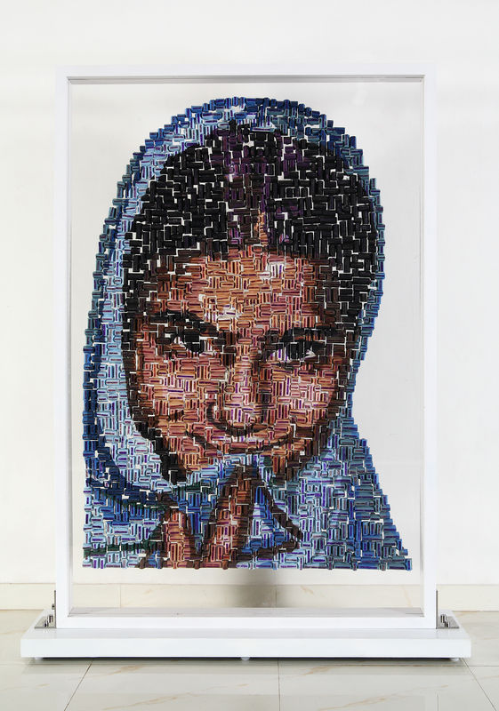 Reena Saini Kallat Synonym, 2009 Paint, rubber stamps, acrylic, wood, steel 77 x 53 inches 195.6 x 134.6 cm Width of Base 10 in (25.4 cm)