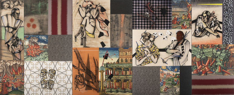 Anju Dodiya Rehearsal for an Apocalypse, 2018 Charcoal, Watercolour & Acrylic on Fabric Combine (5 Panels)   96 x 234 inches 244 x 595 cm