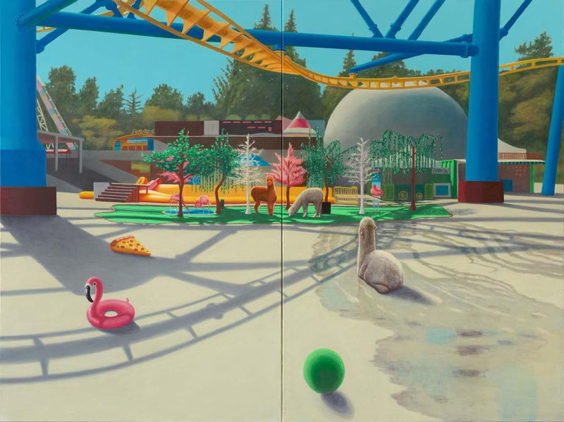 Minju Kang Flamingo and Alpaca, 2023 Acrylic on canvas 210 x 280 cm