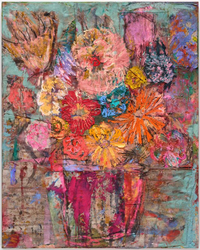 Daniel Crews-Chubb Flowers (sage), 2022 Oli, Oil stick, acrylic, ink, spray paint, charcoal, sand, coarse pumice gel and collaged fabrics on canvas 150 x 120 cm