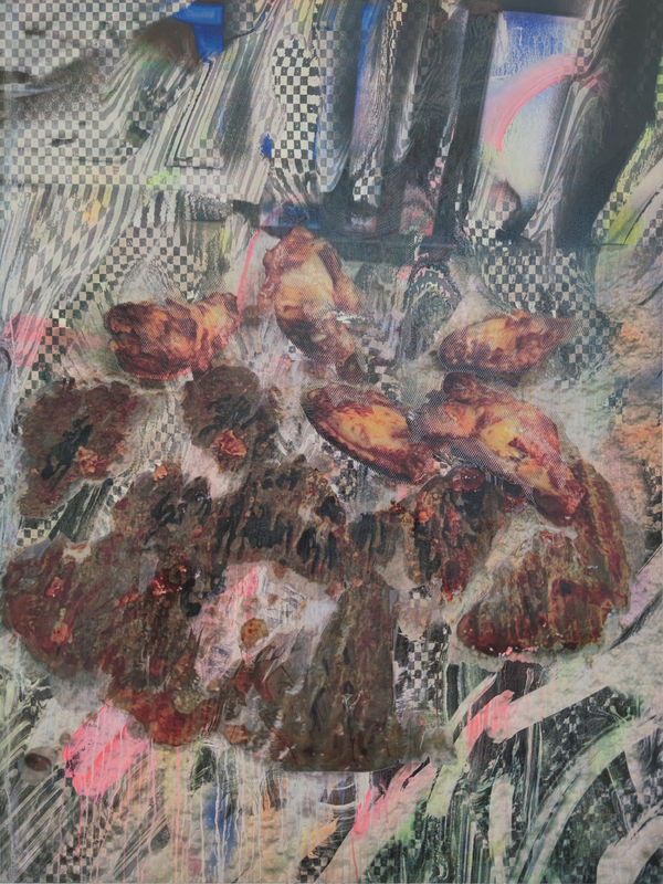 Hu Junzhuo Eating Chicken, 2024 UV ink, Arcylic on cannvas 65 x 49 1/4 in 165 x 125 cm