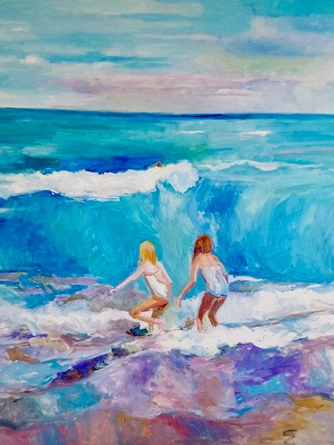 Josée Nadeau, Two girls playing in the ocean, 2021