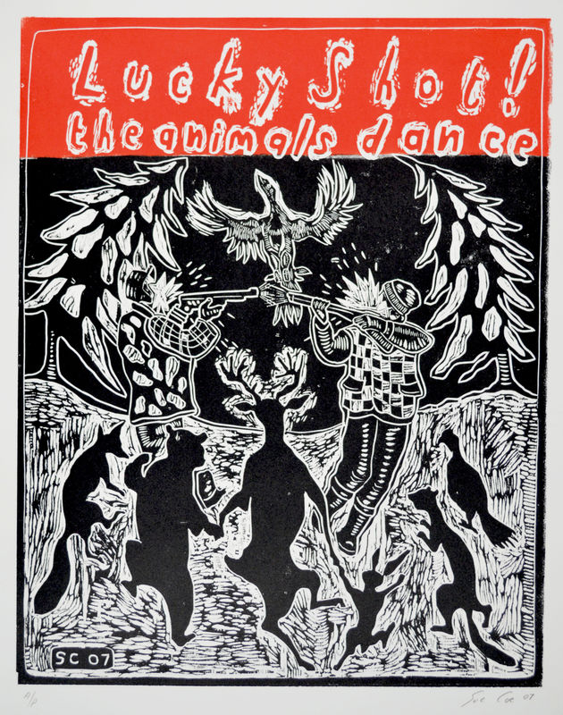 Lucky Shot! (Ode to Cheney), 2007 Woodcut in two colors on natural Kitakata paper or heavy white wove paper 20 x 16 in (50.8 x 40.6 cm) Edition of 30 plus 5 AP