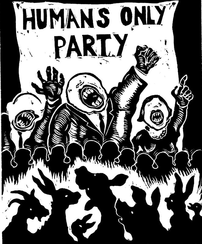 Humans Only Party, 2016 Linocut on cream Rives paper 7 3/8 x 6 1/8 in (18.7 x 15.6 cm) Edition of 100 plus 5 AP