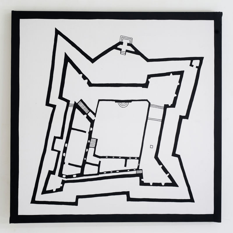 Langlands & Bell Fort Good Hope (White), 2021 Cotton appliqué on wooden stretcher. 150cm x 150cm x 5cm