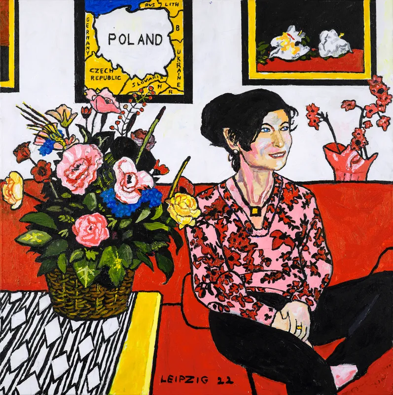 Mel Leipzig THE ARTIST FROM POLAND WITH FLOWERS, 2022 Acrylic on Canvas 36 x 36 in. 91.4 x 91.4 cm.