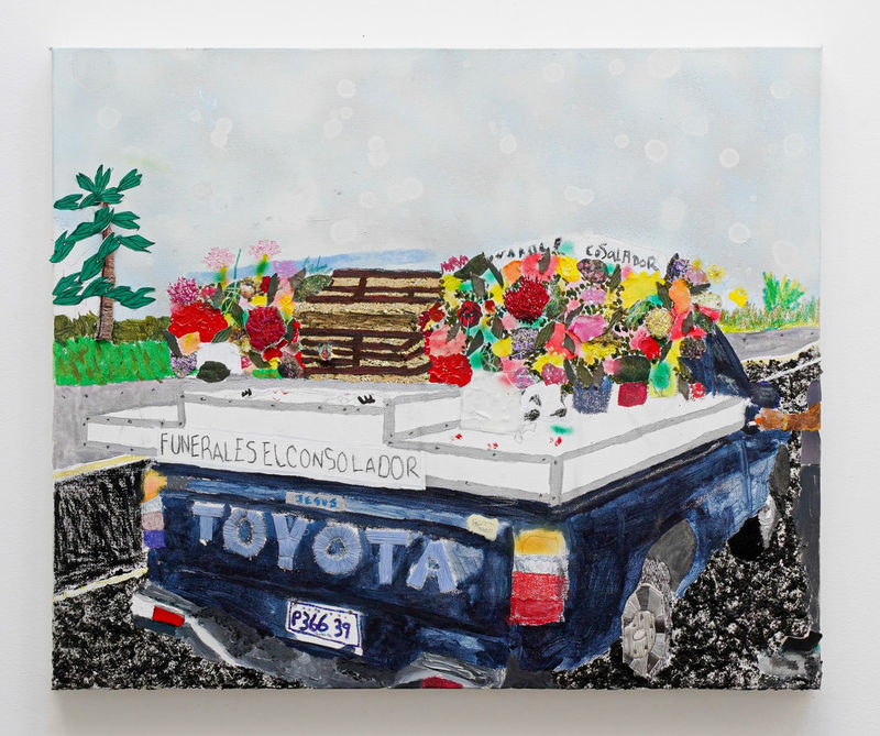 John Rivas Hasta Luego, 2023 Acrylic, oil pastel, embroidery, crayons, markers, spray paint, airbrush graphite and gold leaf on canvas 20 x 24 inches 51 x 61 cm.