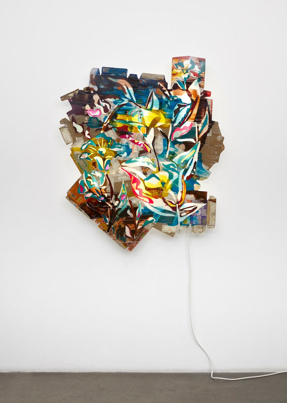 Neïl Beloufa Flowers Gh8765, 2020 Epoxy resin, steel, MDF, cardboard packaging, neon 51 x 43.5 x 4 inches 130 x 110 x 10 cm