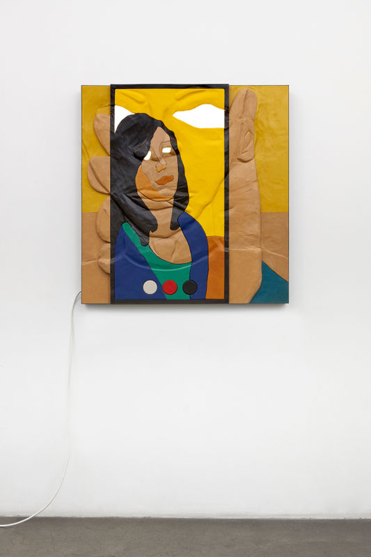 Neïl Beloufa Talking about smoking as an old times badass thing, 2021 MDF, leather, synthetic leather, LED light, electric cord, plug 38.5 x 36.5 x 4.5 inches 98 x 93 x 11 cm