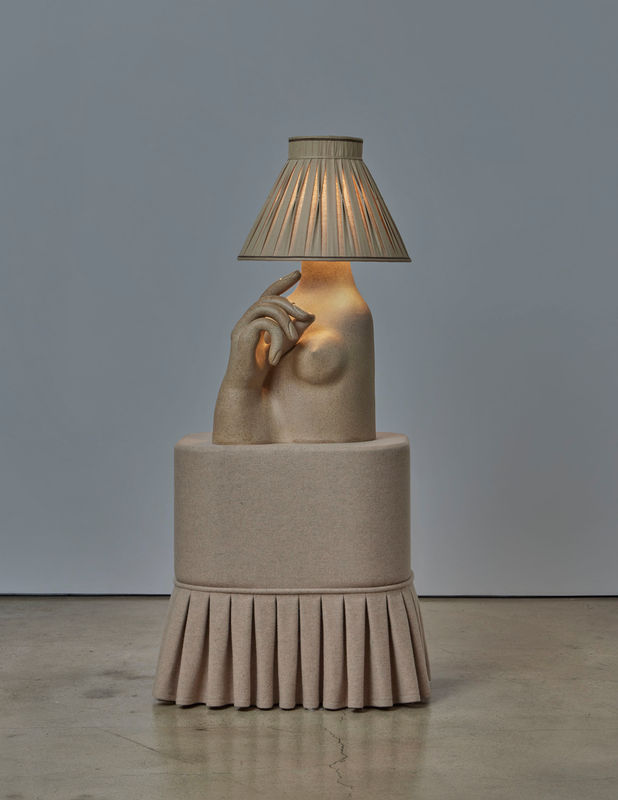 Genesis Belanger one sided, 2023 Stoneware, fabric lampshade, lamp hardware, wool covered plywood 54 x 22 x 17.5 inches 137 x 56 x 45 cm.