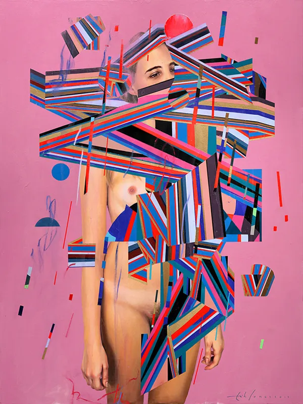 Erik Jones Robe Of Ribbon, 2014 colored pencil, acrylic and wax pastel on Rives BFK paper mounted to wood panel 40 x 30 in. 101.6 x 76.2 cm