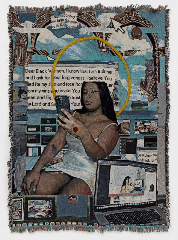 Qualeasha Wood Accountability.readme, 2023 woven jacquard and glass seed beads 221 x 154.9 cm, 87 x 61 in