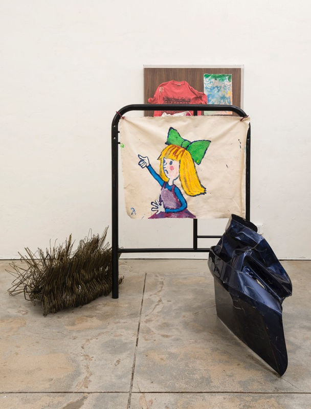 Ida Ekblad She pictures sorceror mickey doing his magic with Molly helping out, 2015 Wire hangers, bed frame, car bumper, puff paint on fabric, chains 150 x 116.75 x 114.25 cm 59 1/8 x 46 x 45 in
