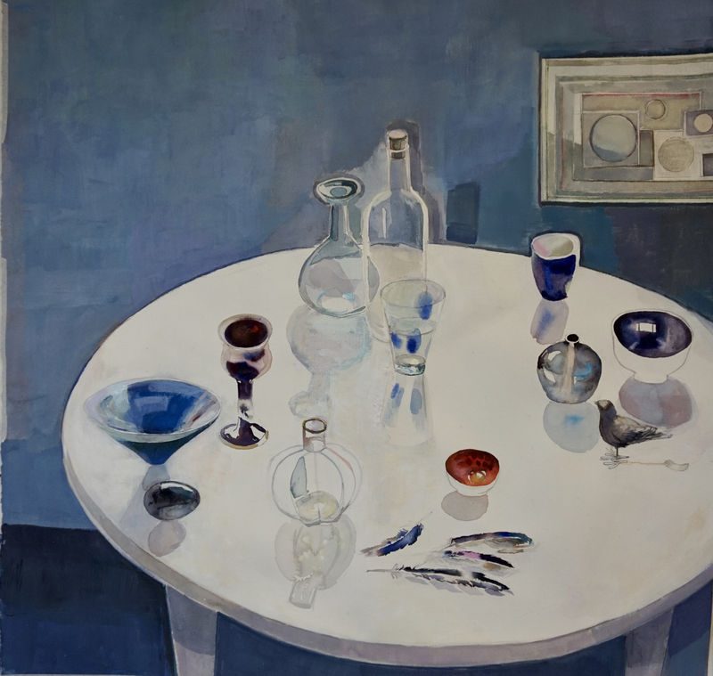 Sophie Knight Blue Room with Little Red Dish and Ben Nicholson Relief Acrylic and watercolour on gesso primed paper 101 x 101 cm