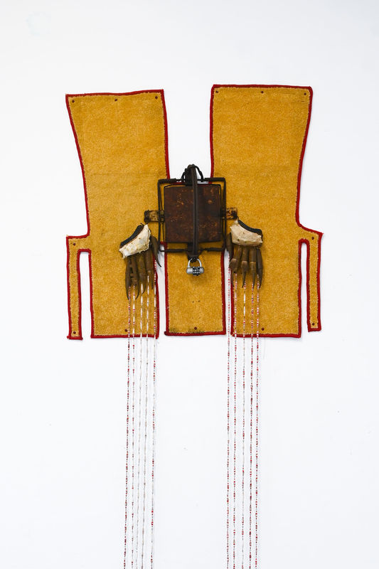 Juntao Gao Phantom Limb No.1 , 2025 Animal traps, carpets, old curtains, metal, casings and lock 120 x 220 x 35 cm
