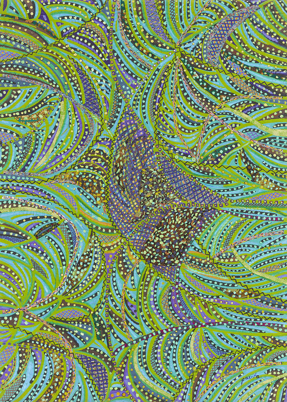 Grasshopper, 1985 Acrylic, oil, plastic buttons on silk screened, stitched and padded canvas 82 x 59 in 208 x 150 cm