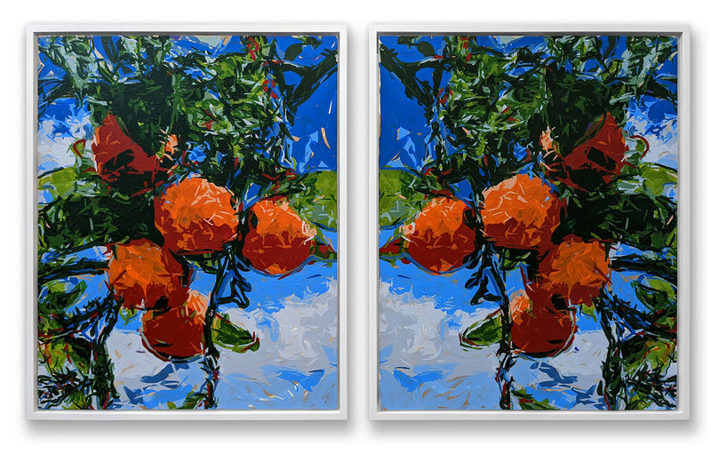 Rob and Nick Carter Orange Tree, Saint-Paul de Vence Robot Painting Diptych - Painting time: 27:46:00 - Stroke count: 10,274, 15-20 July 2022 Acrylic on wooden board, framed 53.3 x 43.2 cm 21 x 17 in