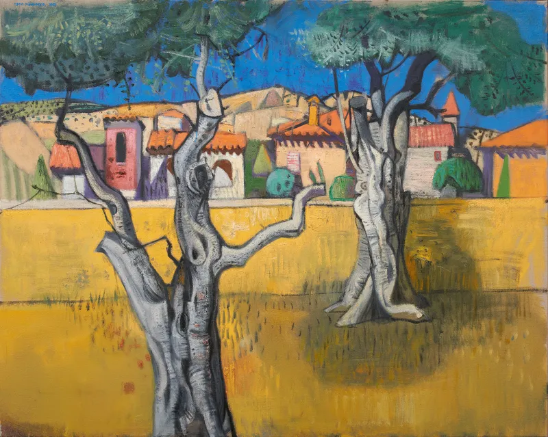 Leon Morrocco RSA, Two Old Olive Trees against Yellow Wall, Alpes-Maritimes, 2021