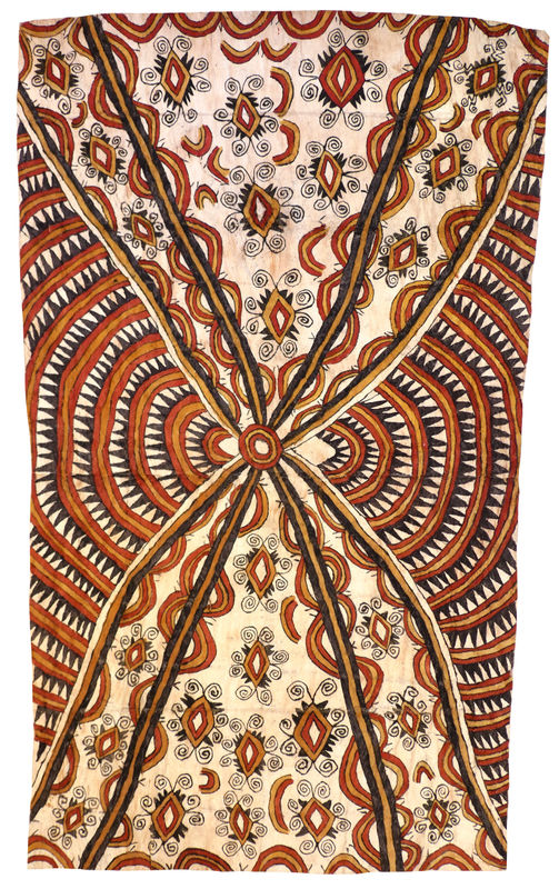 Ilma Ugiobari (Ajikum'e) Design of the bush snail, design of the navel, spots of the wood-boring grub, tattoos and beaks of the parrot, 2018 natural pigments on nioge (barkcloth) 119 x 72 cm