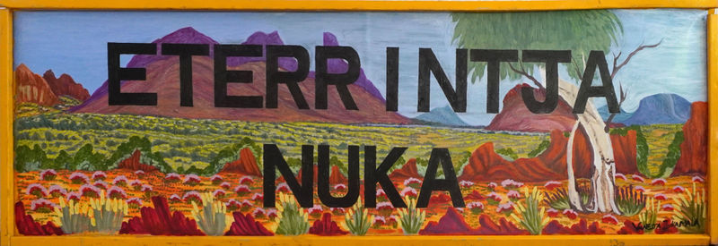 Vanessa Inkamala Eterintja Nuka (My Memories), 2025 Watercolour pigment on repurposed road sign 60 x 180 cm