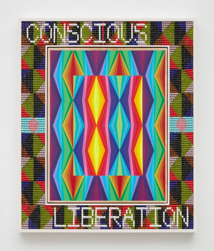 Jeffrey Gibson CONSCIOUS LIBERATION, 2020 Acrylic on deer hide, glass beads and artificial sinew inset into wood frame 34.5 x 28.875 inches (87.6 x 73.3 cm), framed