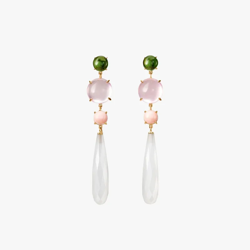 Ole Lynggaard Copenhagen Lotus earrings Details 18k yellow gold Green tourmaline Rose quartz Rose coral White moonstone