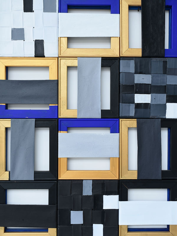 Engdaget Legesse Black and White in Gold and Blue Frame, 2020 Acrylic on strip canvas 47 1/4 x 35 3/8 in 120 x 90 cm