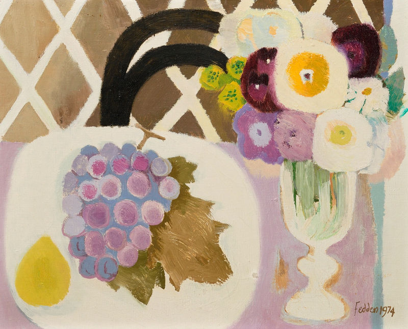 Mary Fedden OBE RA PPRWA Still Life with Grapes & Flowers 1974 Oil on canvas 16 x 20 "