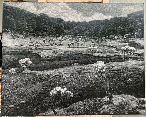 Maryanto Humming, All the way to Rhino (MT. Pangrango), 2025 Scratching, acrylic on canvas 100 x 80 cm