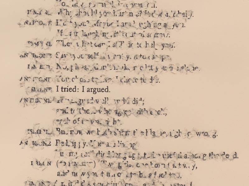 Bethany Collins, detail of Antigone: 1998 / 1973 / 2021 / 1912, 2023, Graphite on Somerset paper in 4 parts. Collection of Memorial Art Gallery, Marion Stratton Gould Fund. Courtesy of Alexander Gray Associates.
