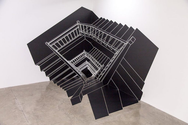 Regina Silveira, "Escada Inexplicável II (Inexplicable Stairs)," 1997, vinyl adhesive tape. Courtesy of the artist and Instituto Figueiredo Ferraz (IFF), Ribeirão Preto