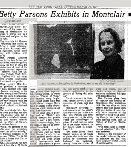 Betty Parsons Exhibits in Montclair, The New York Times