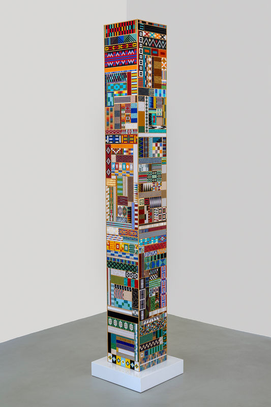 Visiting, 2024, acrylic, glass bugle beads, thread, and synthetic sinew on aluminum panel, engineered quartz base