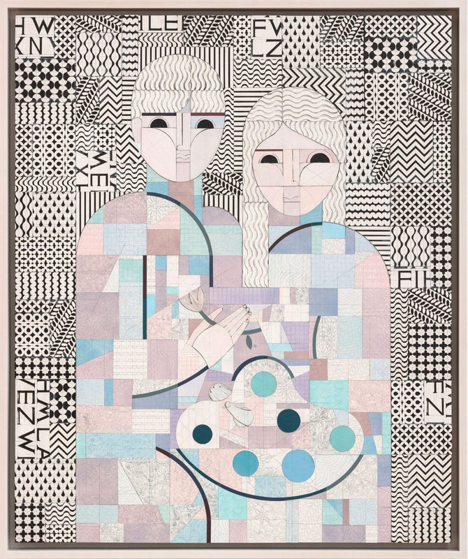 “Artist with Muse” (2022), acrylic, acrylic resin, paper, glue, and graphite on panel, 60 x 50 inches.