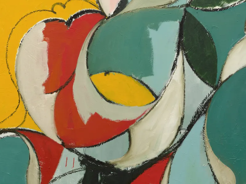 Kamrooz Aram, "Exuberant Flâneuse," 2020. Oil, oil crayon, oil stick, and wax pencil on linen (detail)