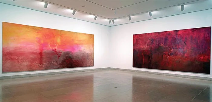 View of “Frank Bowling: Map Paintings,” 2015, Dallas Museum of Art. From left: Texas Louise, 1971; Marcia H Travels, 1970.