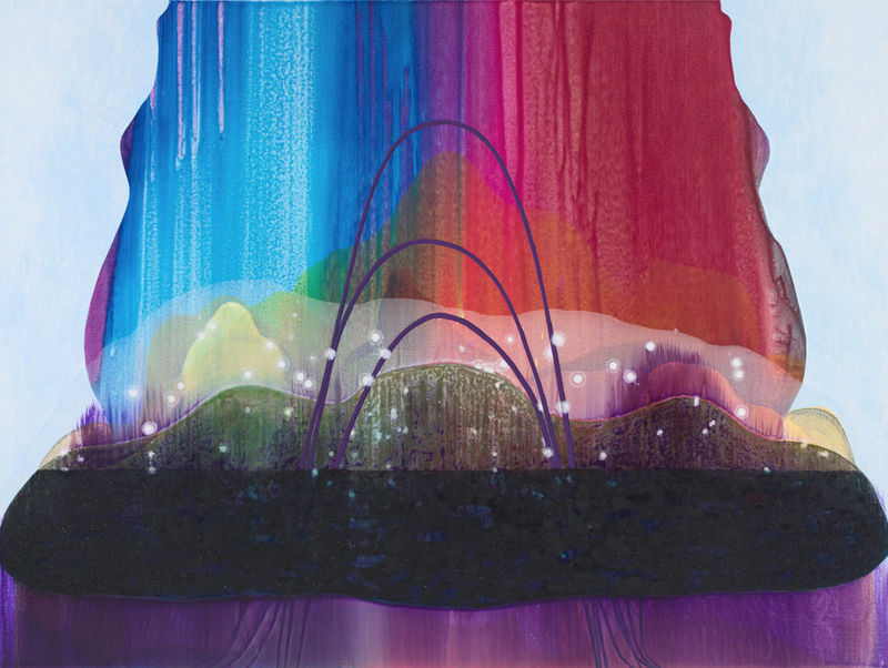 Carrie Moyer, “Intergalactic Emoji Factory” (2015), acrylic and glitter on canvas, 72 x 96 inches (all images courtesy of DC Moore Gallery, New York)