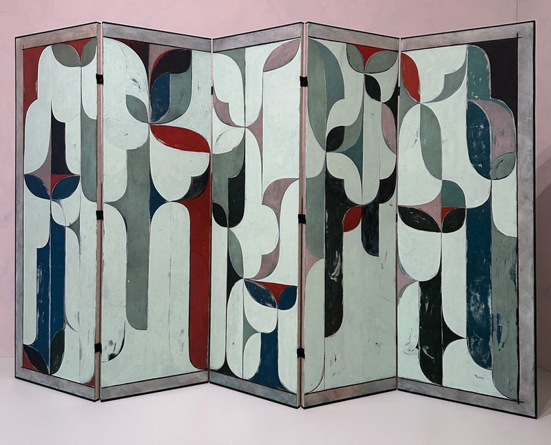 Kamrooz Aram, “Arabesque Composition (Archipelago)” (2025), oil, oil crayon, and pencil on linen with artist frames (photo Aruna D’Souza/Hyperallergic)