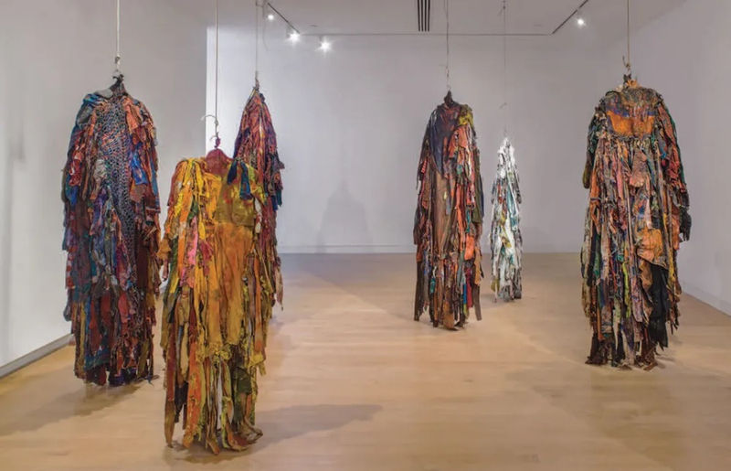 View of the exhibition “Harmony Hammond: Material Witness, Five Decades in Art,” 2019, showing “Presence,” all 1971-72, acrylic, dye, cloth, rope, metal, wood, at the Aldrich Contemporary Art Museum.