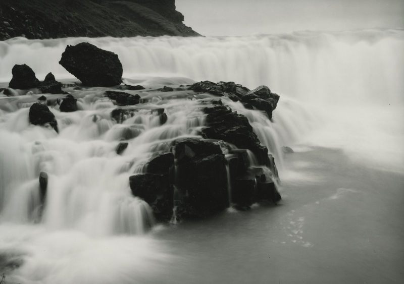Thomas Joshua Cooper, early morning - late Summer, Mythic Stone, Gullfoss/ Golden Falls River Hvítá, Suourland, Iceland 1987/2022 chloro-bromide silver gelatine print, hand printed and selenium toned by the artist, ed. 1/4 50.8 x 61 cm 76.8 x 97.1 cm framed