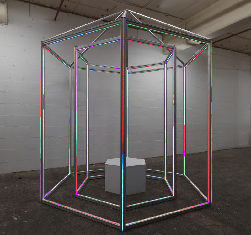 Yuko Shiraishi Gazebo, 2025 Aluminium, stainless steel, LED strip lights, plastic and painted wood 260 x 220 x 220 cm